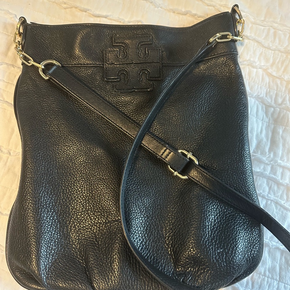 Vintage Tory Burch Black Pebbled Leather Shoulder Bag with Gold Hardware